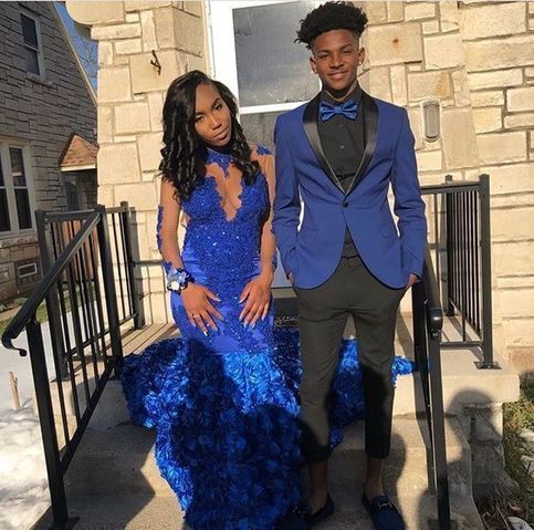 Royal Blue Mermaid Prom Dresses Crew Neck Lace 3D Flowers cg13223