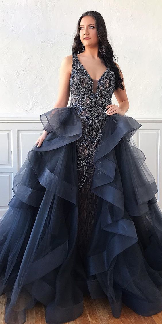 Amazing Lace Beaded V-Neck Mermaid Evening Dress Long Prom Dress cg13242