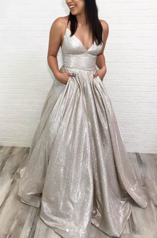 Spaghetti Straps V Neck Long Prom Dress Mocha Silver Formal Evening Gown cg13243
