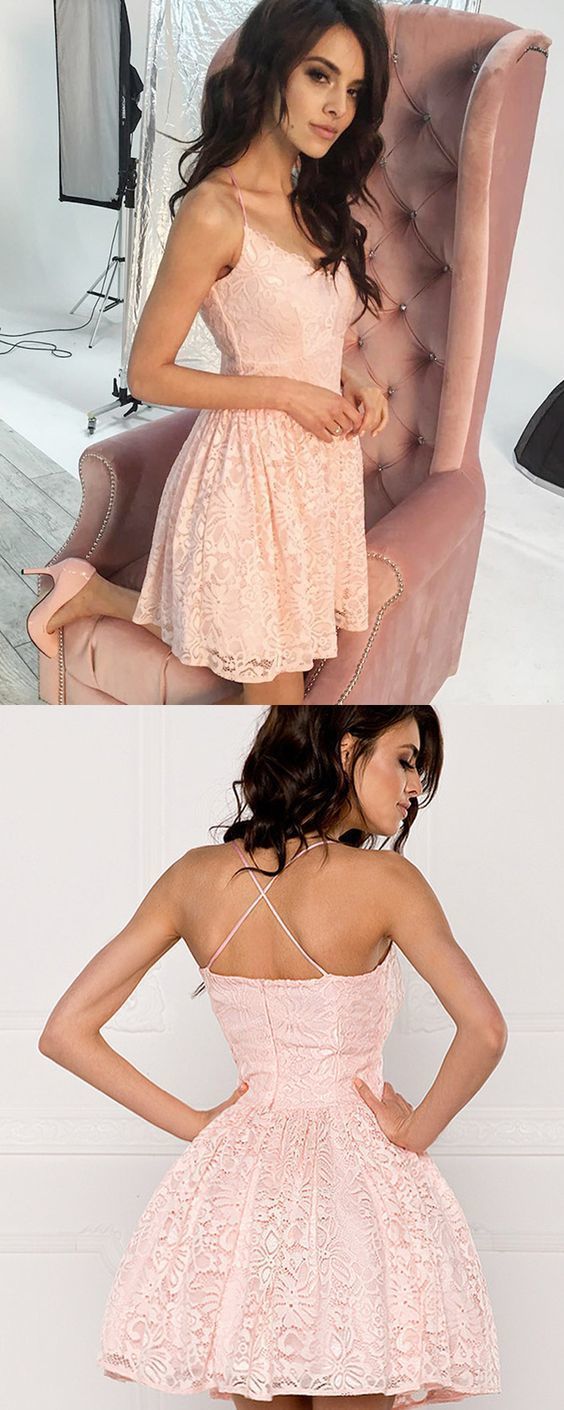 A-line Spaghetti Straps Blush Pink Lace Homecoming Dress cg13247