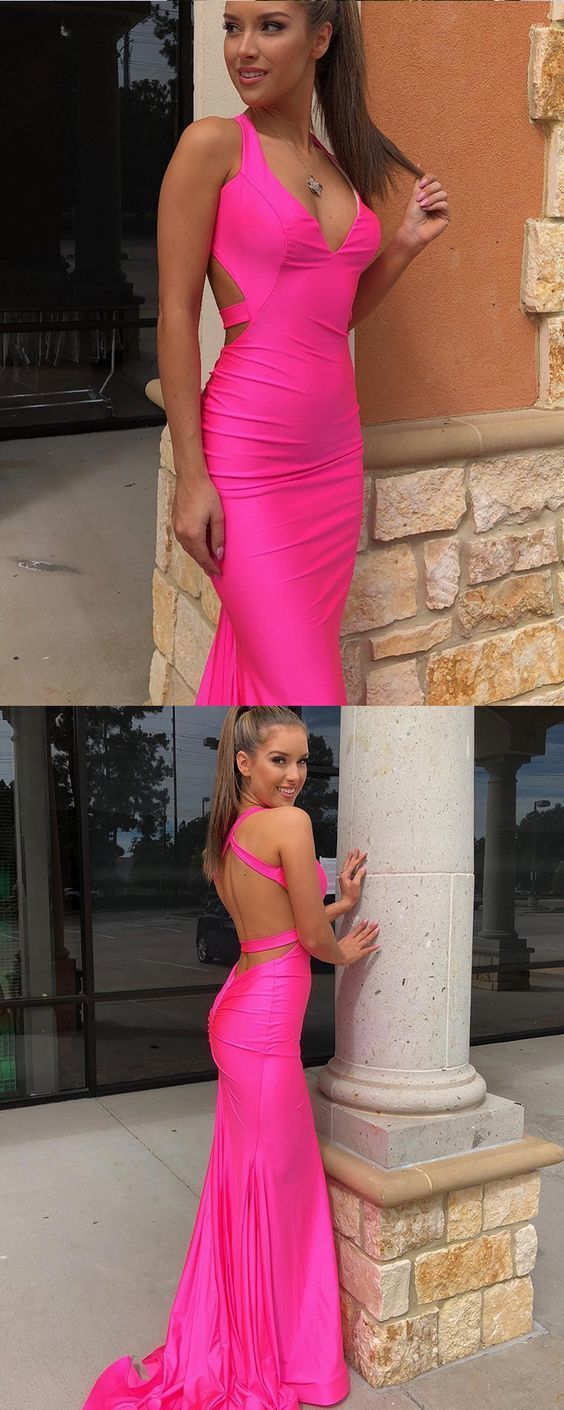 hot pink halter satin mermaid evening dress, simple long prom dress cg13250