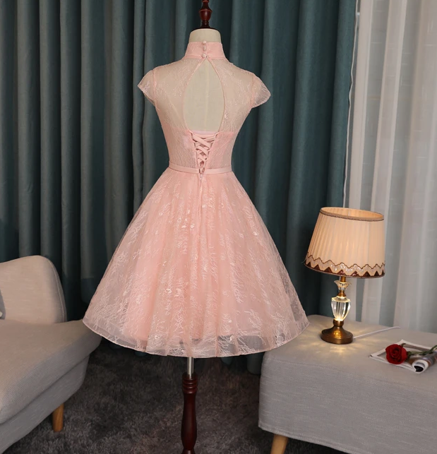 Pink Lace High Neckline Short Homecoming Dress, Lace Lovely Formal Dresses cg13255