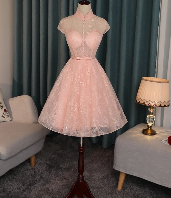 Pink Lace High Neckline Short Homecoming Dress, Lace Lovely Formal Dresses cg13255