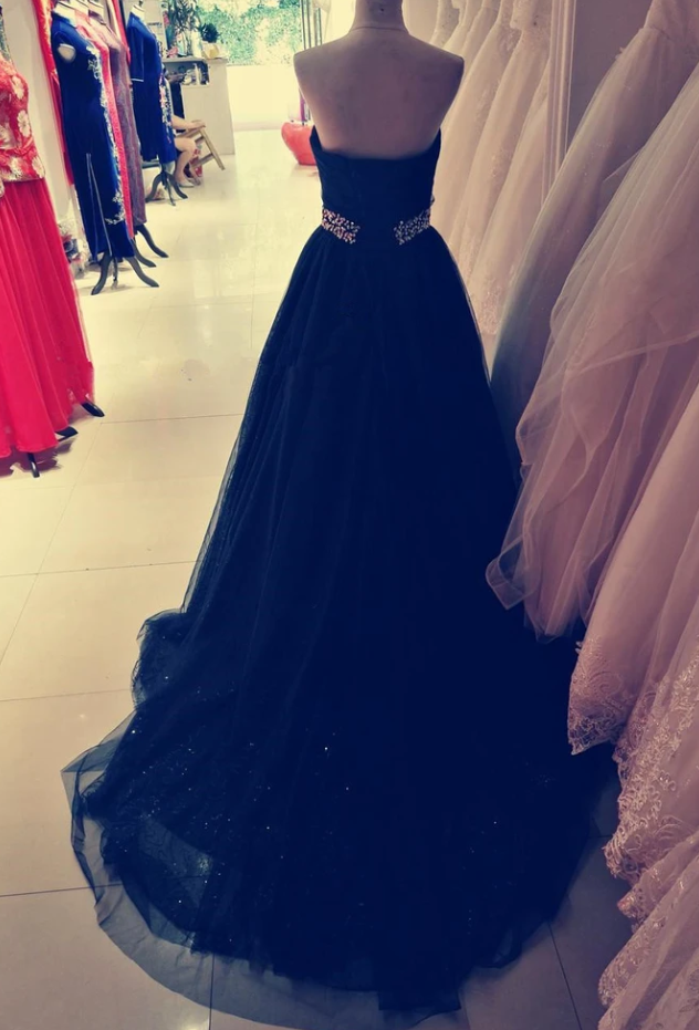 Black Sweetheart Tulle Long Party Dress, Stunning Black Sequins Prom Dress cg13259