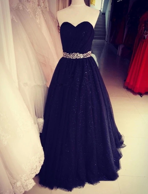 Black Sweetheart Tulle Long Party Dress, Stunning Black Sequins Prom Dress cg13259