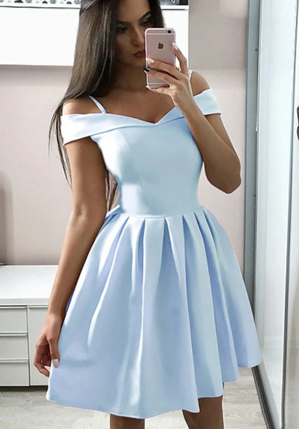Homecoming Dress Blue off shoulder satin short prom dress blue cocktail dress cg13264