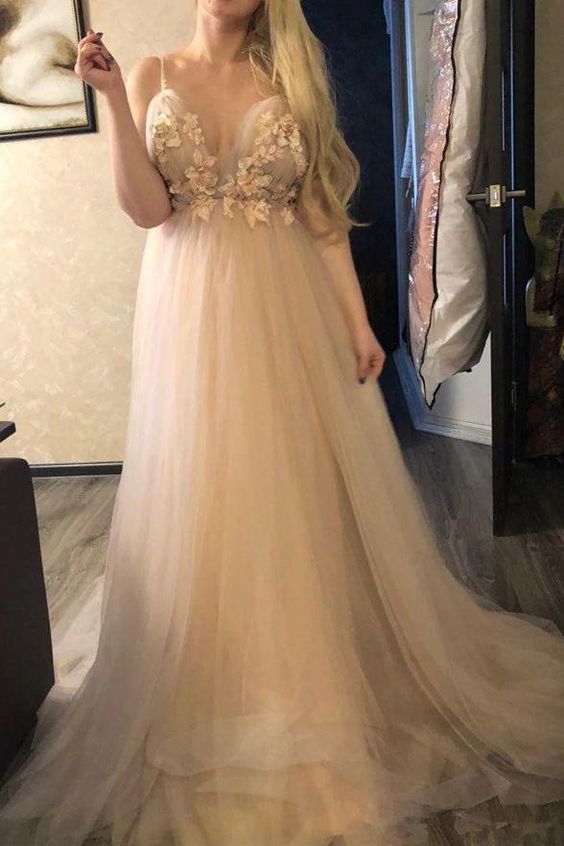 A-line V Neck Long Prom Dress With Appliques cg13268