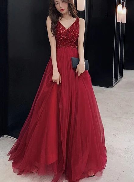 Sexy V-neckline Wine Red Tulle Floor Length Party prom Dress, Red Formal Gown cg13275