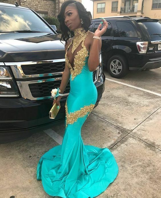 Gold Appliqued Prom Long Evening Dress Mermaid Formal Party Ball Gown Custom cg13285