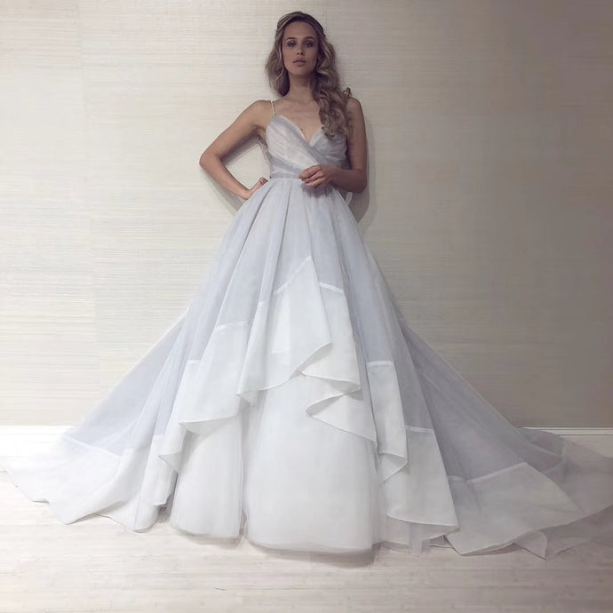 Sexy Backless Straps Gray Tulle Beading Ball Gown Prom Dress Graduation Party Gowns cg13297