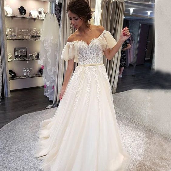 Charming Off Shoulder Lace Top Wedding Dress, Tulle A-Line Applique Prom Dress cg13298