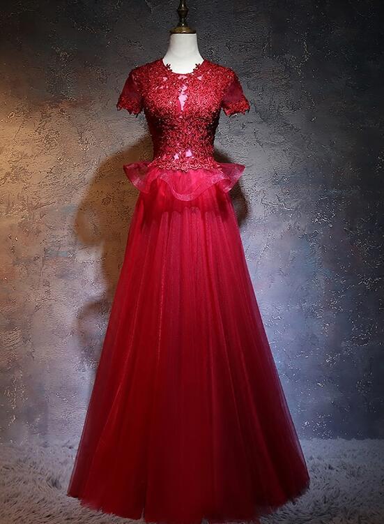 Beautiful Red Tulle Long Prom Dress, A-Line Cap Sleeves Formal Dress 2021 cg13302