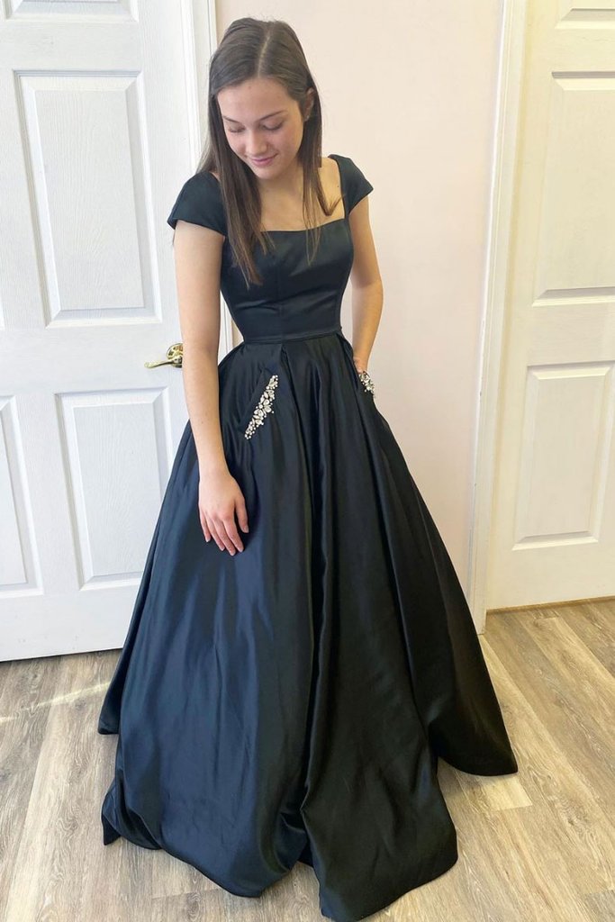 SIMPLE BLACK SATIN LONG PROM DRESS BLACK SATIN EVENING DRESS cg13303