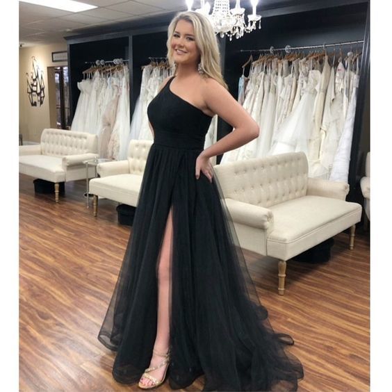 Black Tulle Long Evening Dresses One Shoulder High Slit Elegant A-line Prom Dress Women cg13353
