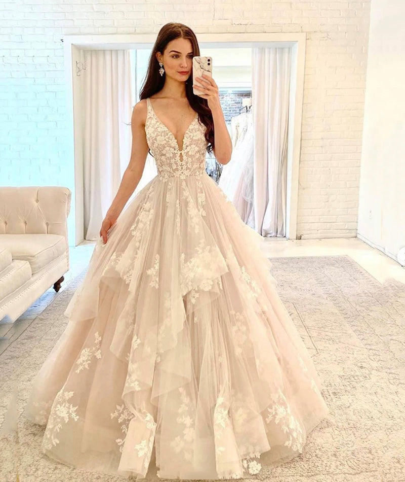 A LINE V NECK TULLE LACE LONG BALL GOWN PROM DRESS FORMAL DRESS cg13374