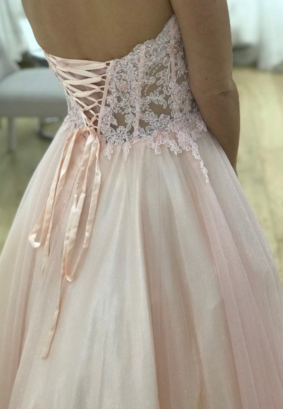 PINK TULLE LACE LONG PROM DRESS PINK EVENING DRESS cg13375
