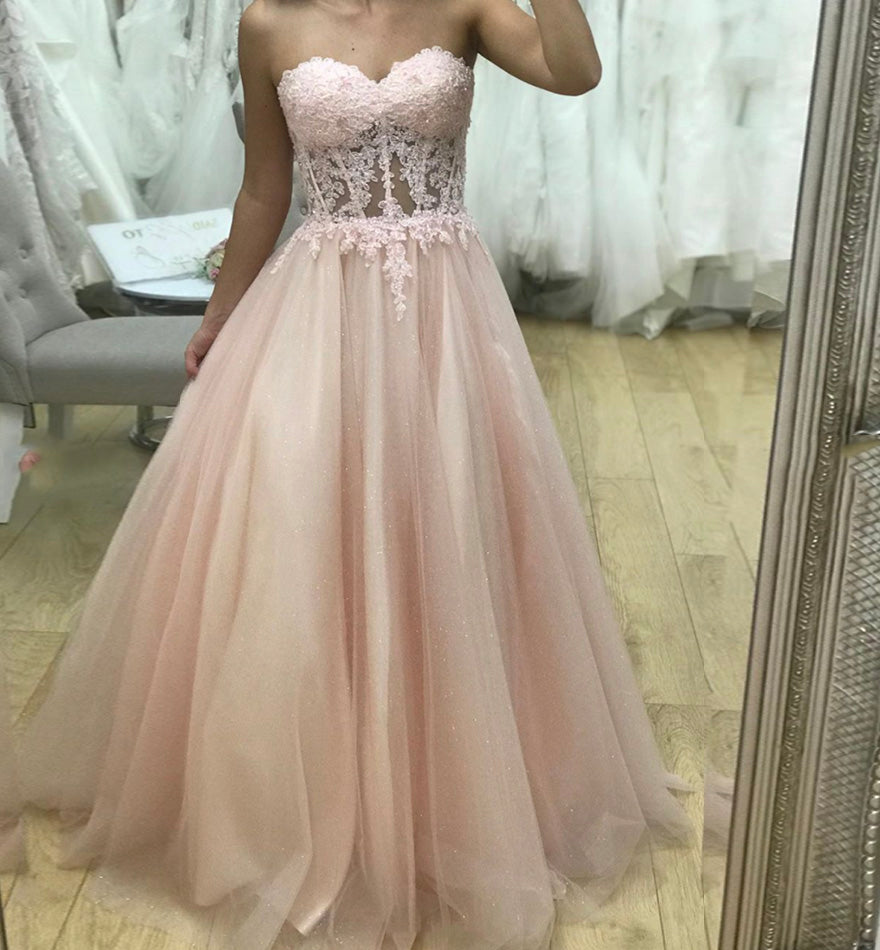 PINK TULLE LACE LONG PROM DRESS PINK EVENING DRESS cg13375