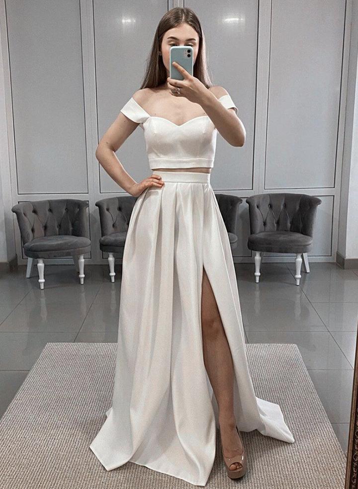 White satin long prom dress two pieces evening dress cg13387