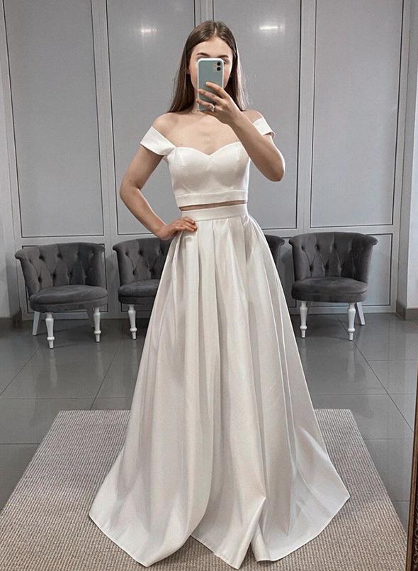 White satin long prom dress two pieces evening dress cg13387