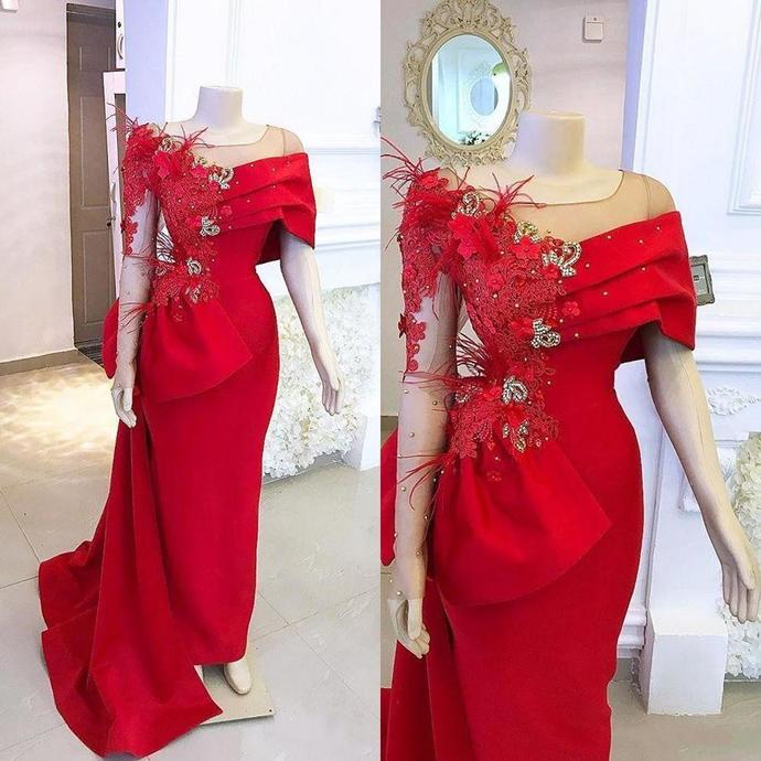 New Red Mermaid Arabic Prom Dresses Scoop Neck Lace Appliques Crystal Beaded Feather Flowers Long Sleeves Evening Dress cg13410