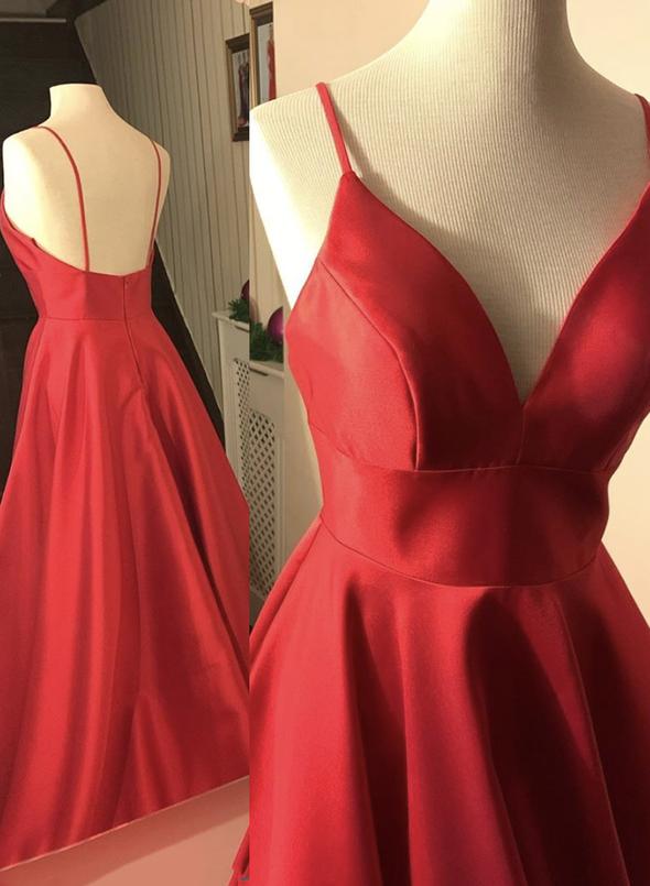 Red v neck satin long prom dress evening dress cg13423