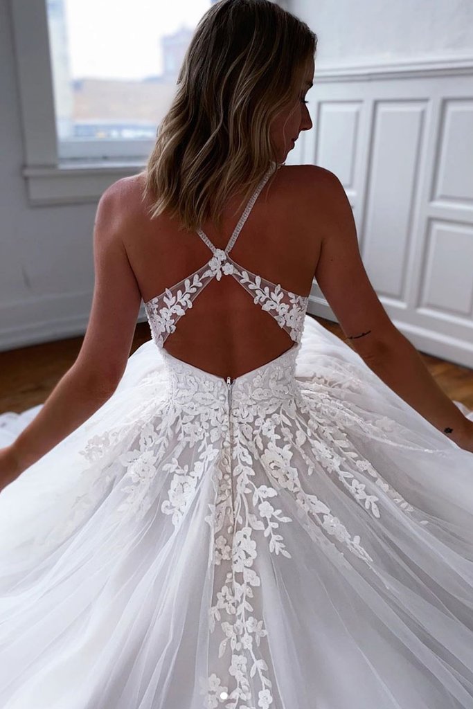 WHITE V NECK TULLE LACE LONG PROM DRESS WHITE FORMAL DRESS cg13427