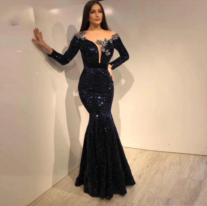 sparkly prom dresses 2021 sheer crew neckline long sleeve lace appliques sequins shinning evening dresses gowns cg13439