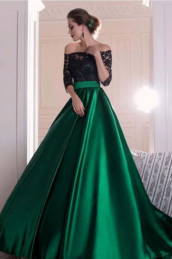 A Line Dark Green Satin Off the Shoulder 3/4 Sleeves Ruffles Lace Prom Dresses cg1344
