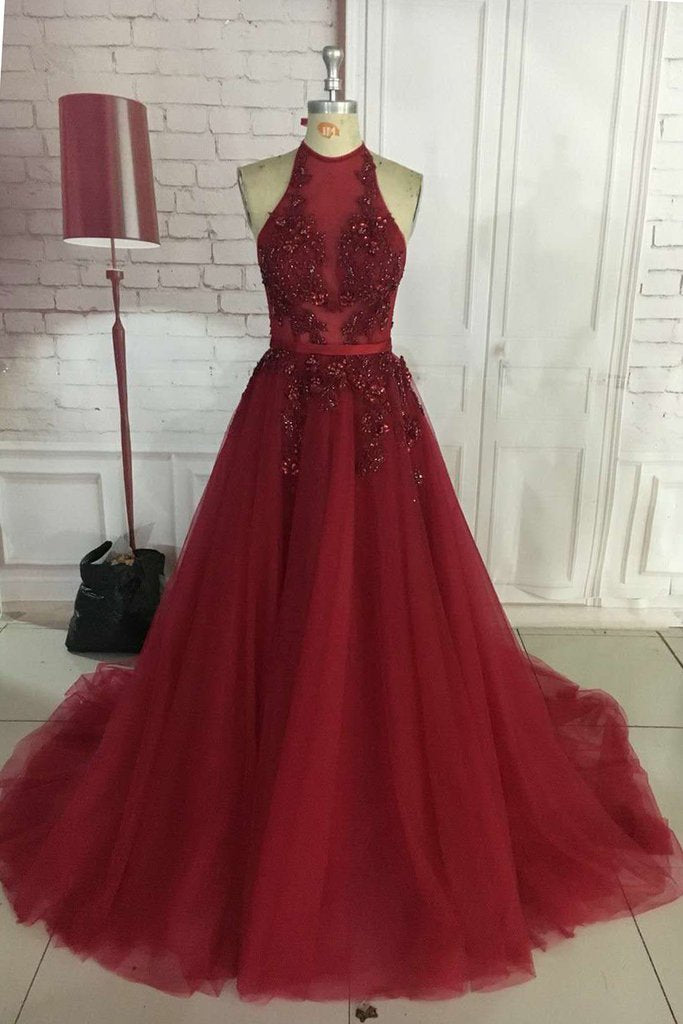 Sexy A-Line Halter Long Burgundy Tulle Prom Dresses Backless Floor Length Formal Party Dresses cg13441
