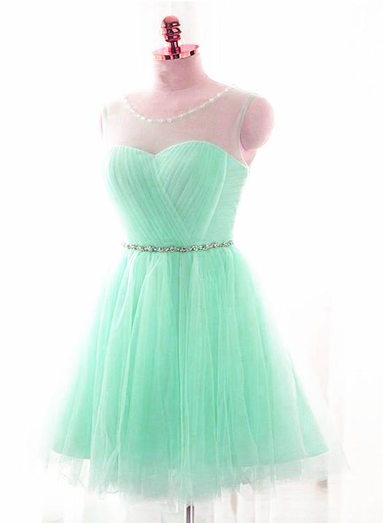 Mint Green Tulle Round Beaded Tulle Party Dress, Short Homecoming Dress cg13443