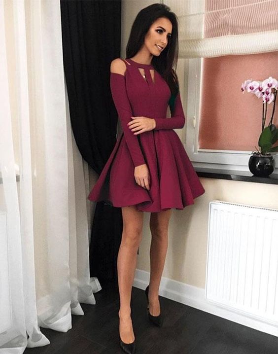 Simple burgundy short dress, short homecoming dress cg135