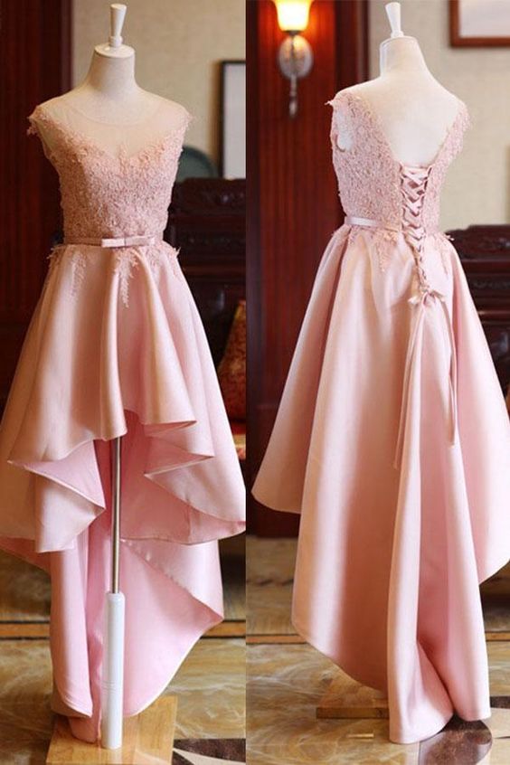 Pink High Low Scoop Lace Up Mid Back Satin Prom Dresses cg1412