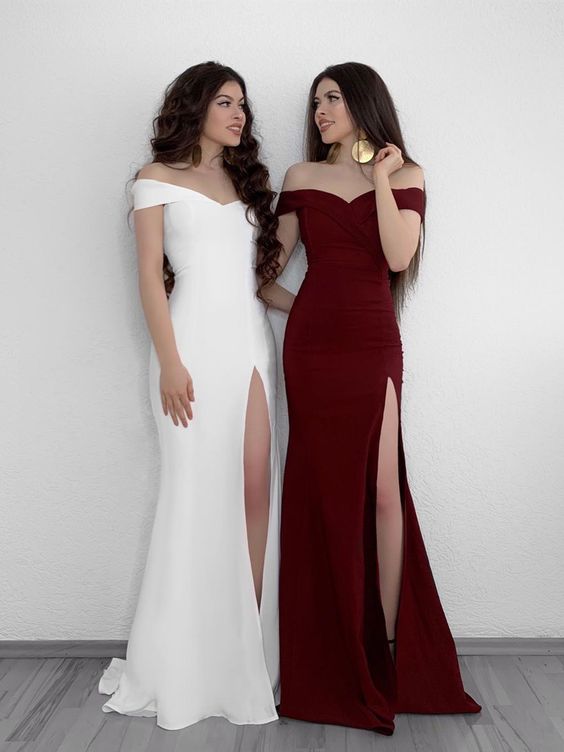 A Line Off Shoulder White/Burgundy Prom Dresses, Off Shoulder White/Burgundy Formal Graduation Dresses cg1449