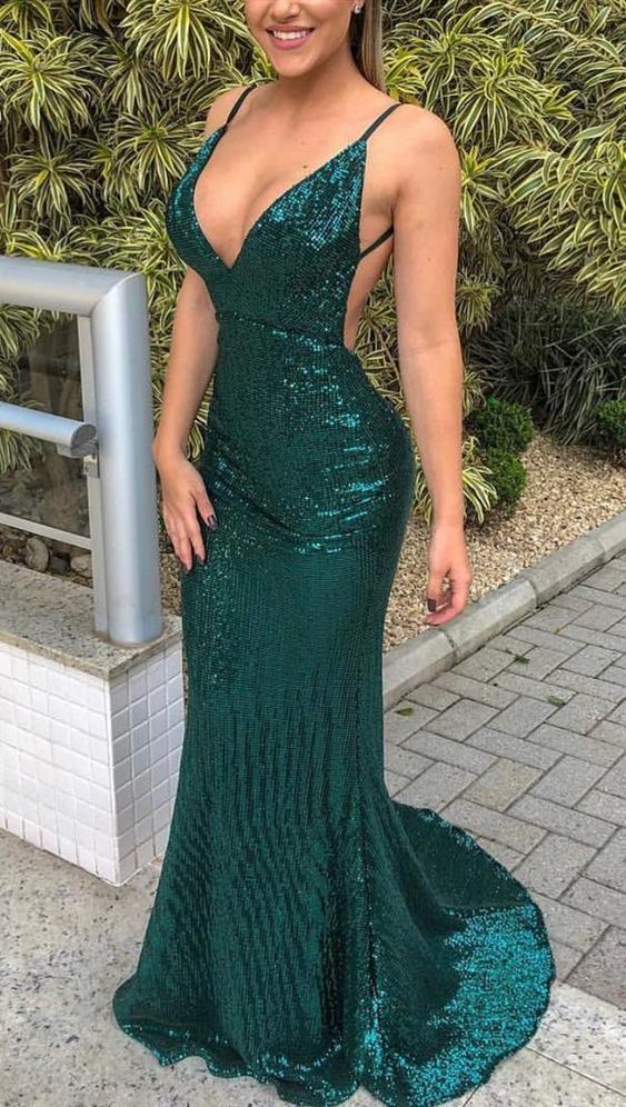 Mermaid Deep V Neck Sweep Train Green Prom Dress With Sequins cg1465
