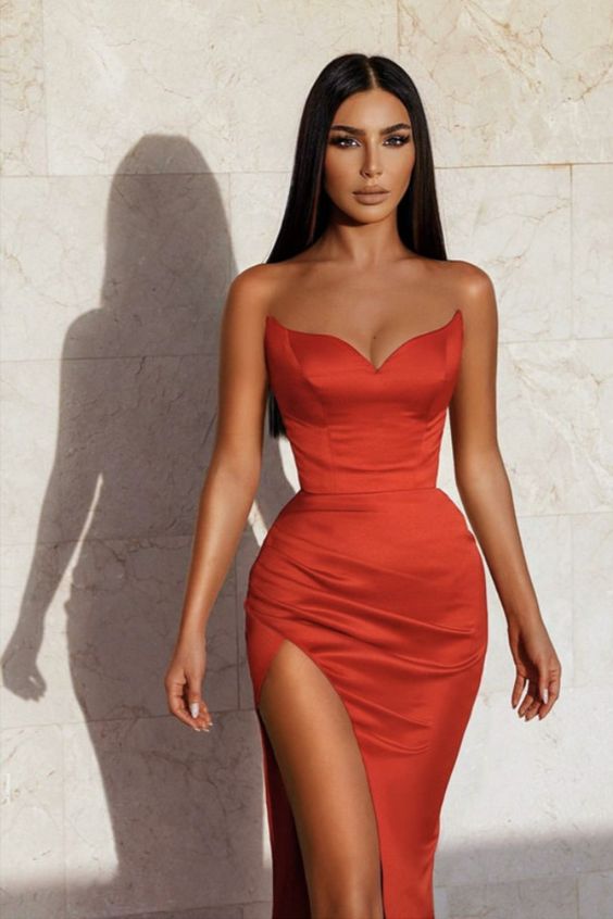 Red Mermaid Bridesmaid Dresses Satin Strapless Leg Split Evening Gowns Prom Dresses cg14908