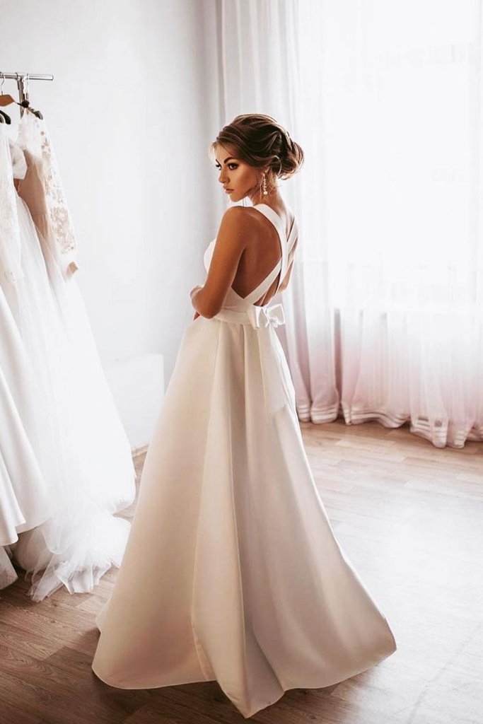WHITE A-LINE SATIN LONG PROM DRESS BACKLESS BRIDESMAID DRESS cg15573