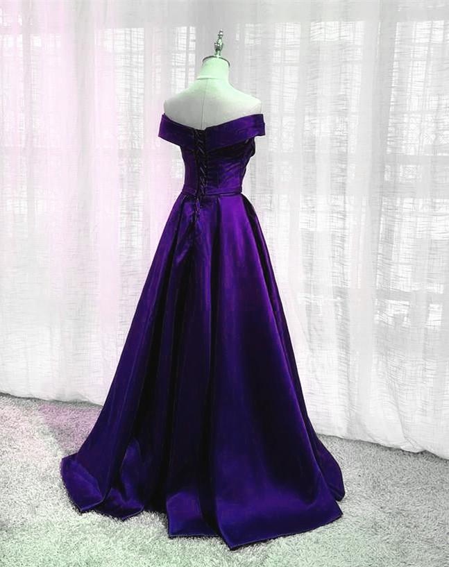 Simple Off Shoulder Satin Long Prom Dress, Dark Purple Party Dress Evening Gown cg15750