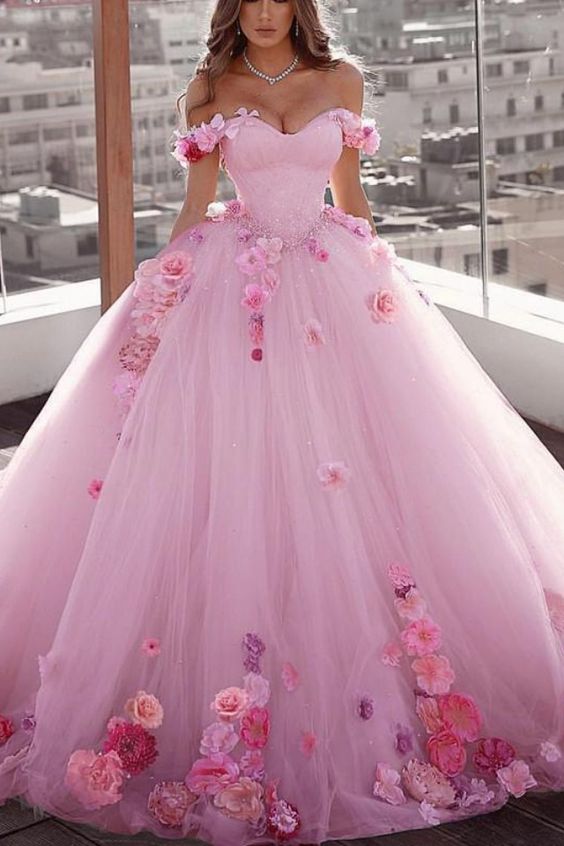 Beautiful Blush Pink Wedding Dress With Floral Flowers prom dress cg16134