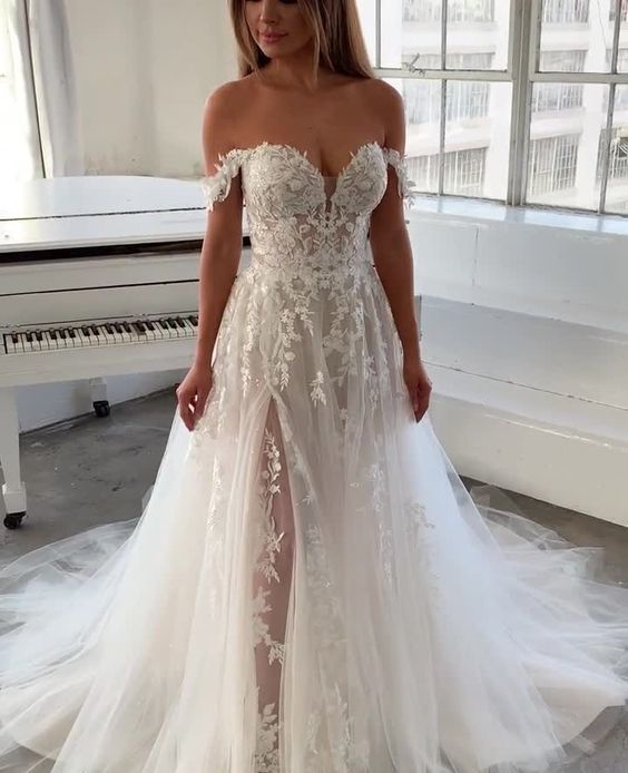 Off the shoulder white lace prom dress cg16320