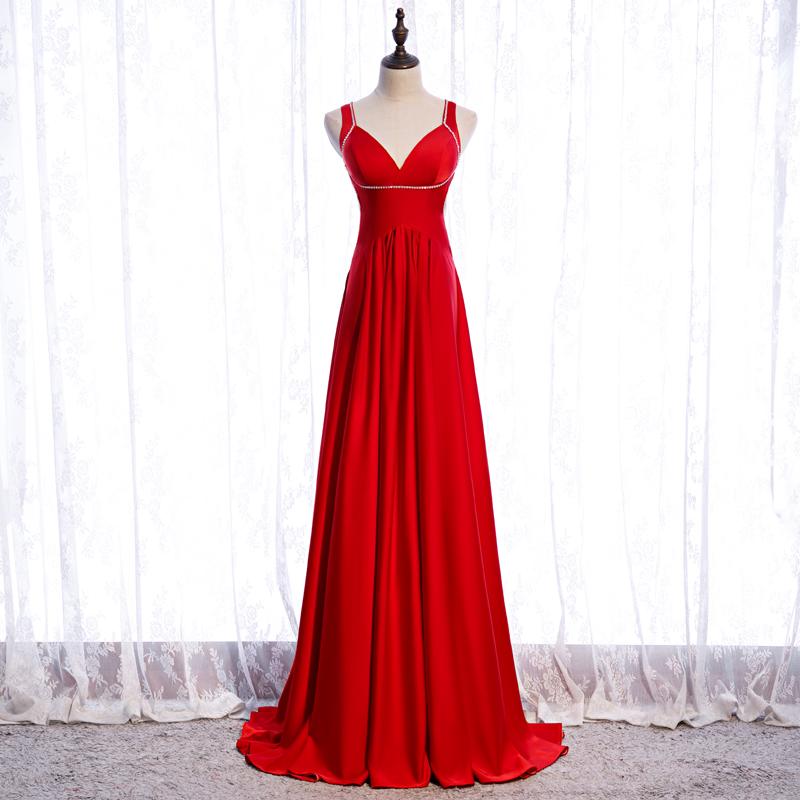Chic Red Satin Beaded Floor Length Long Party Dress, Red Formal Dress 2021 Prom Dresses Bridesmaid Dress cg16389
