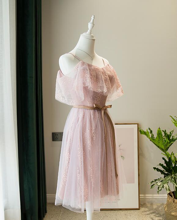 Short Party Dress Homecoming Dress Pink Lace Straps Short Bridesmaid Dress cg16502