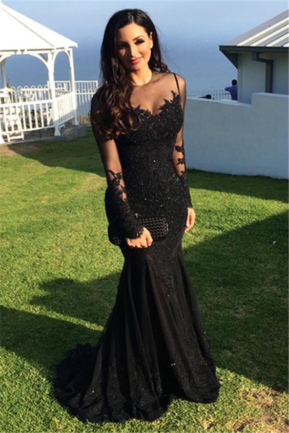 Prom Dresses,Long-Sleeve Tulle Black Applique Mermaid Sexy Evening Dresses cg1700