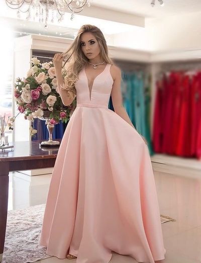 Simple V Neck Pink Prom Dresses, Satin Long Formal Dresses cg1720