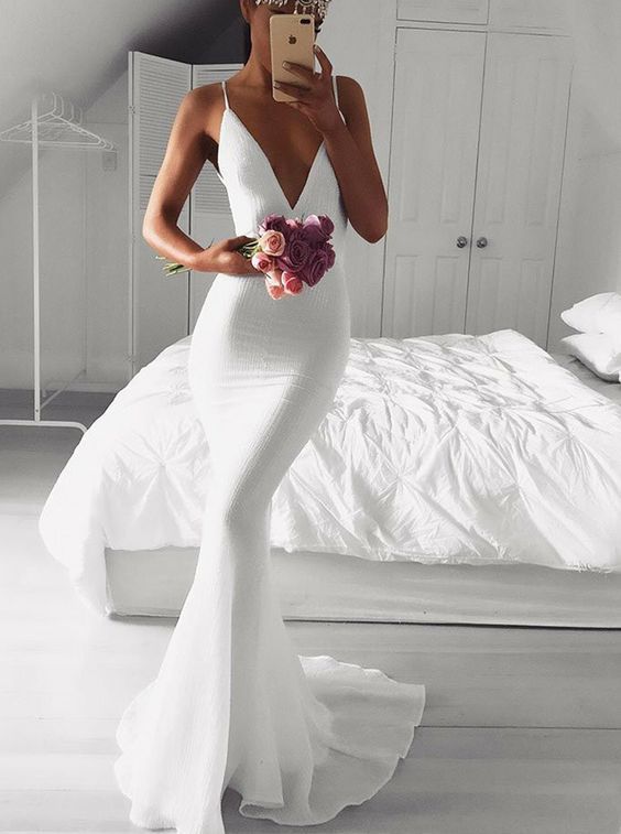 Mermaid Spaghetti Straps Sweep Train White Prom Evening Dress cg1807