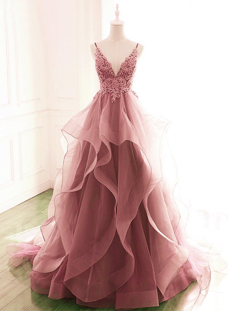 Dark Pink V-Neck Tulle Lace Prom Dress,Spaghetti Strap Prom Dress,Ruffle A Line Formal Dress cg18781