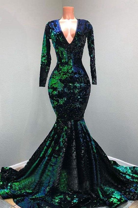 Sparkly Sequin Long Sleeve V-neck Mermaid Prom Dresses cg18922