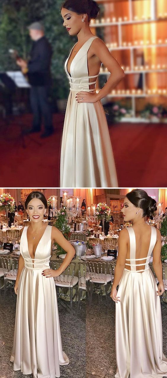 Simple Sexy Deep V-Neck A-Line Satin Prom Dress Custom Made Long Backless Evening Party Dresses Fashion Formal Dresses cg1896