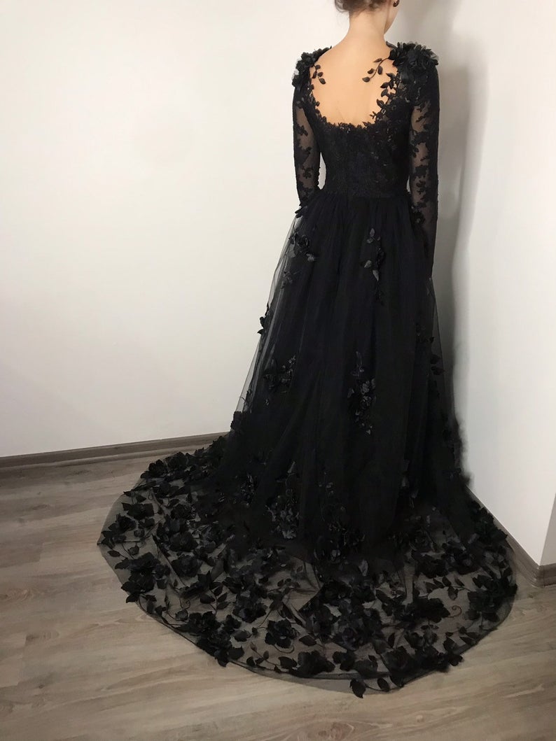 Black floral gothic wedding dress, black flower tulle lace dress, alternative bridal gown prom dress long formal gowns cg19132
