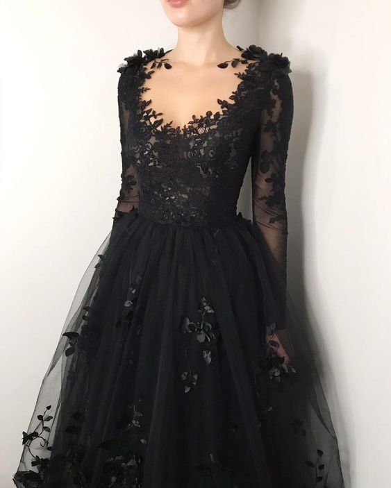 Black floral gothic wedding dress, black flower tulle lace dress, alternative bridal gown prom dress long formal gowns cg19132