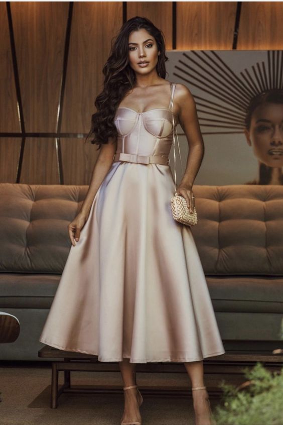 Vintage Tea Length Party Dress,Champagne Bridesmaid Dress Prom Gown cg19387